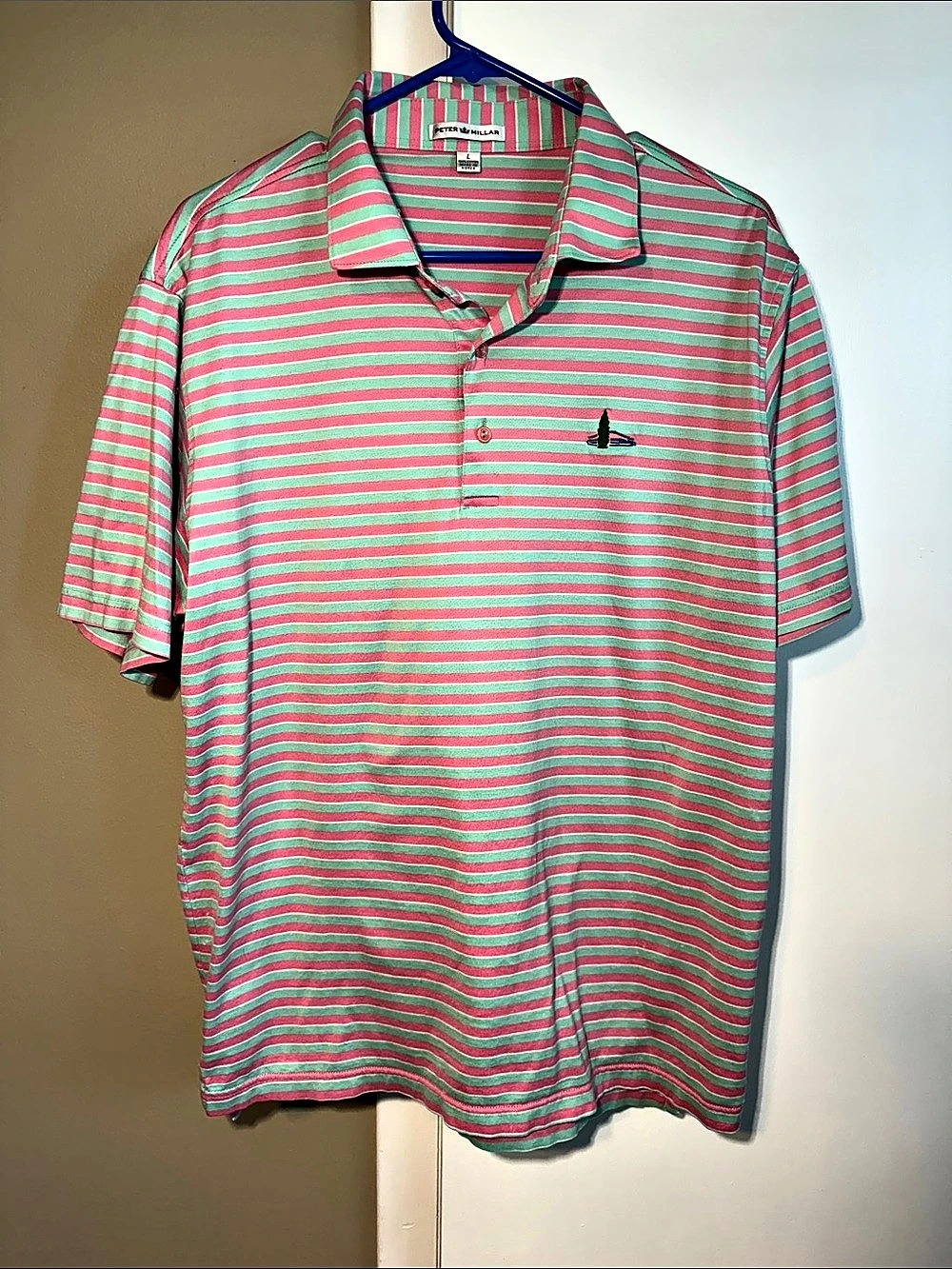 Peter Millar Striped Polo in Pink & Green Size Large